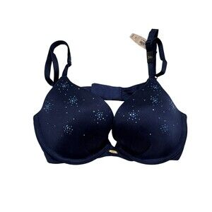 Victoria's Secret  Plunge Bra Padded/underwire 32 C Dark Blue Rhine Stone NWT